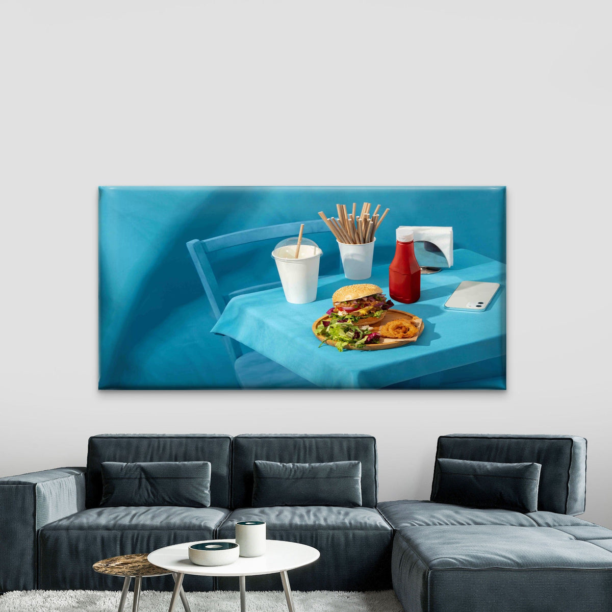 Fast Food Meal On Blue Table Wall Art Canvas Office Home Room Framed 80x45cm