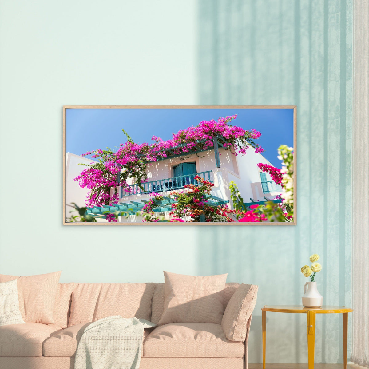 Vibrant Pink Greek House Wall Art Canvas Office Home Room Framed 120x60cm