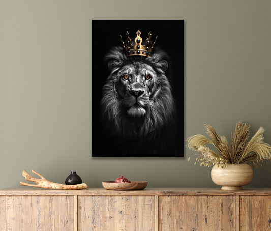 Majestic Lion with A Gold Crown on Its Head in Black Print 100% Australian Made 40x60cm Stretched Canvas Ready to Hang