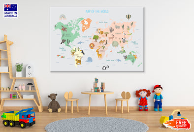 Animals World Map For Kids Print 100% Australian Made Stretched Canvas Ready to Hang - NK-133