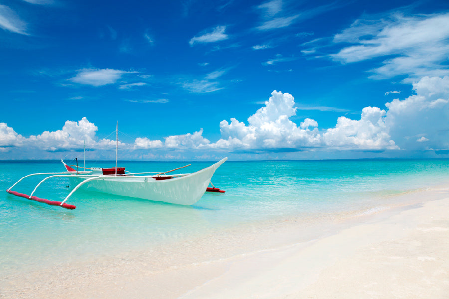 White Boat on Tropical Bantayan Island Print 100% Australian Made Stretched Canvas Ready to Hang - BC-133