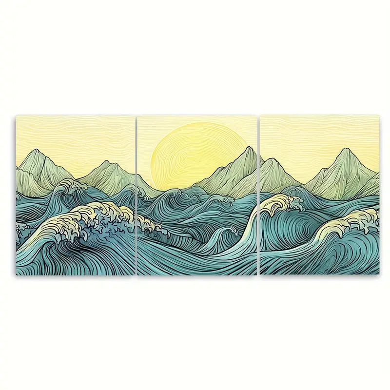 3pcs Japanese Wave Sunrise Seascape Metal Print Ready to Hang Art