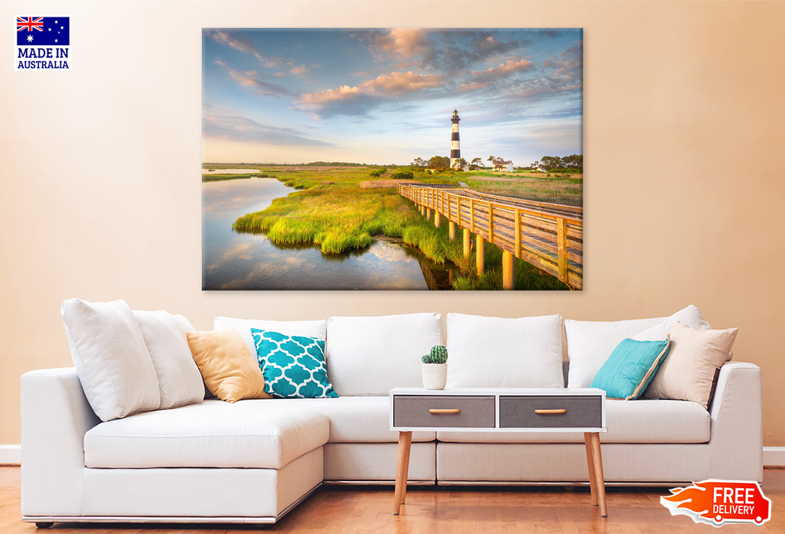 Sunrise Bodie Island Lighthouse With Cloudy Blue Sky Print 100% Australian Made Stretched Canvas Ready to Hang - CT-134