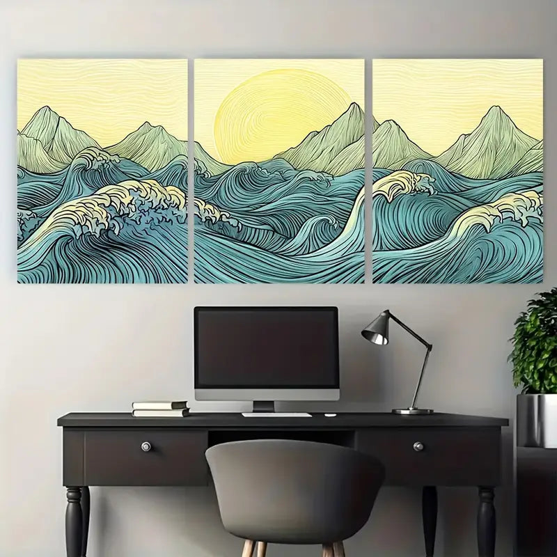 3pcs Japanese Wave Sunrise Seascape Metal Print Ready to Hang Art