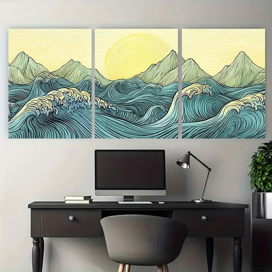 3pcs Japanese Wave Sunrise Seascape Metal Print Ready to Hang Art