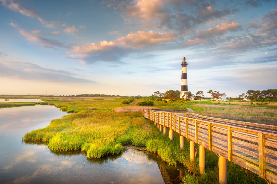 Sunrise Bodie Island Lighthouse With Cloudy Blue Sky Print 100% Australian Made Stretched Canvas Ready to Hang - CT-134