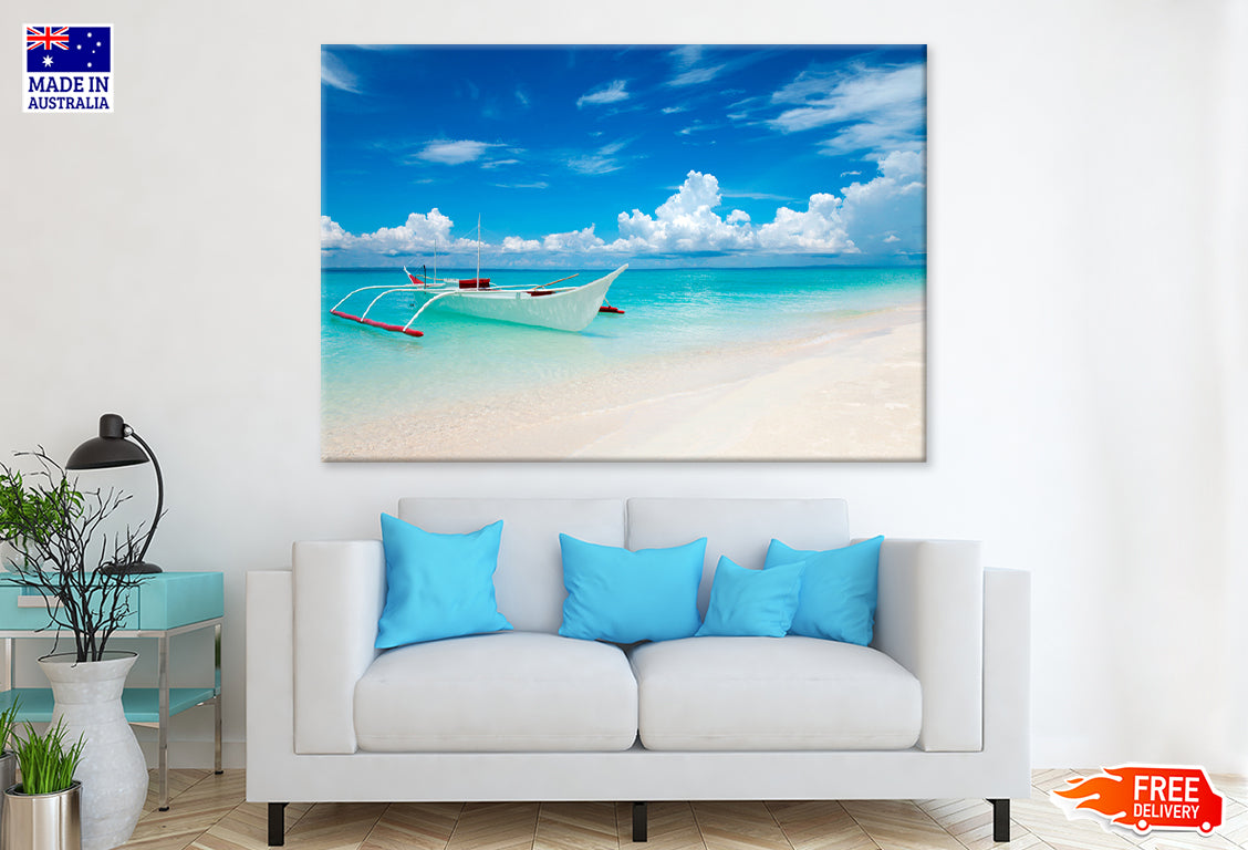 White Boat on Tropical Bantayan Island Print 100% Australian Made Stretched Canvas Ready to Hang - BC-133