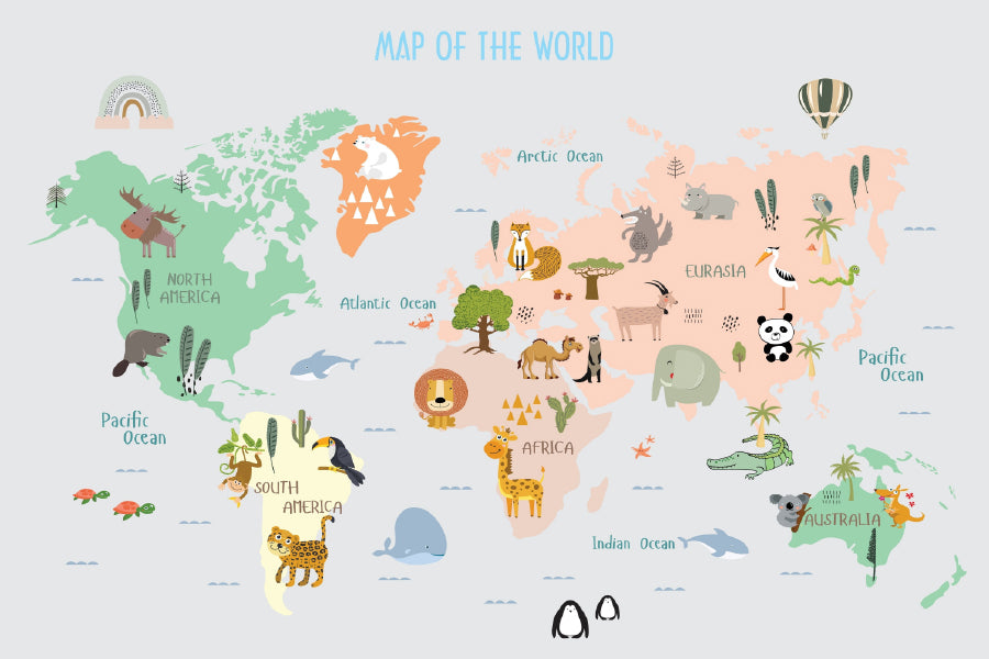 Animals World Map For Kids Print 100% Australian Made Stretched Canvas Ready to Hang - NK-133