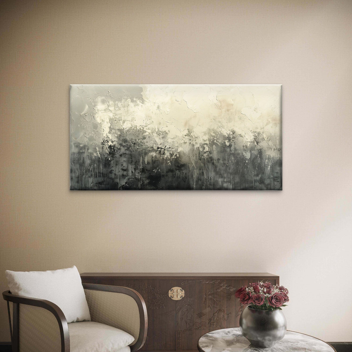 Neutral Grey Cream Abstract Texture Wall Art Canvas Office Home Framed 80x45cm