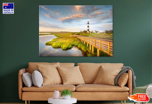 Sunrise Bodie Island Lighthouse With Cloudy Blue Sky Print 100% Australian Made Stretched Canvas Ready to Hang - CT-134