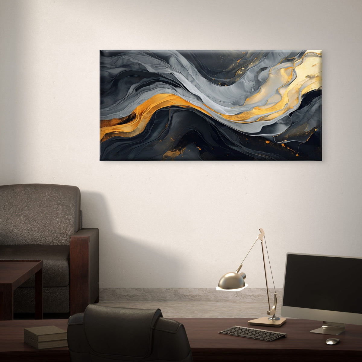 Modern Gold Marble Liquid Ink Wall Art Canvas Office Home Room Framed 120x60cm