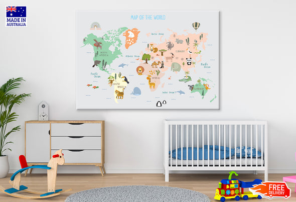 Animals World Map For Kids Print 100% Australian Made Stretched Canvas Ready to Hang - NK-133