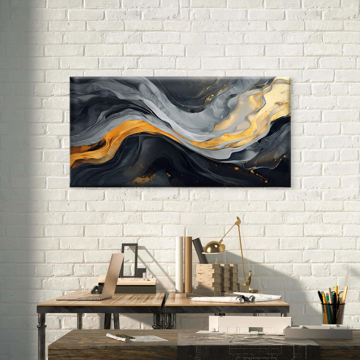 Modern Gold Marble Liquid Ink Wall Art Canvas Office Home Room Framed 80x45cm