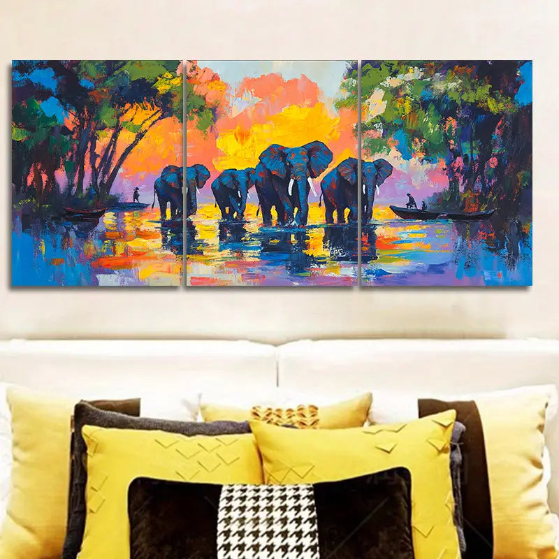 3pcs Elephant Walking Design Metal Print Ready to Hang Art