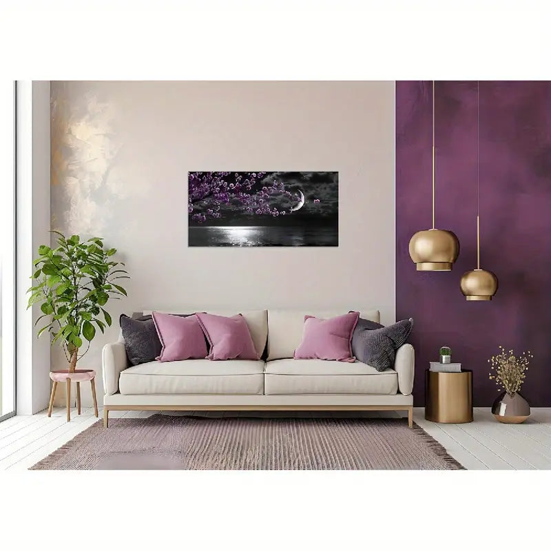 Black & White Seascape Moon & Purple Cherry Blossoms Wall Art canvas office home room framed 120x60cm