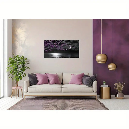 Black & White Seascape Moon & Purple Cherry Blossoms Wall Art canvas office home room framed 120x60cm