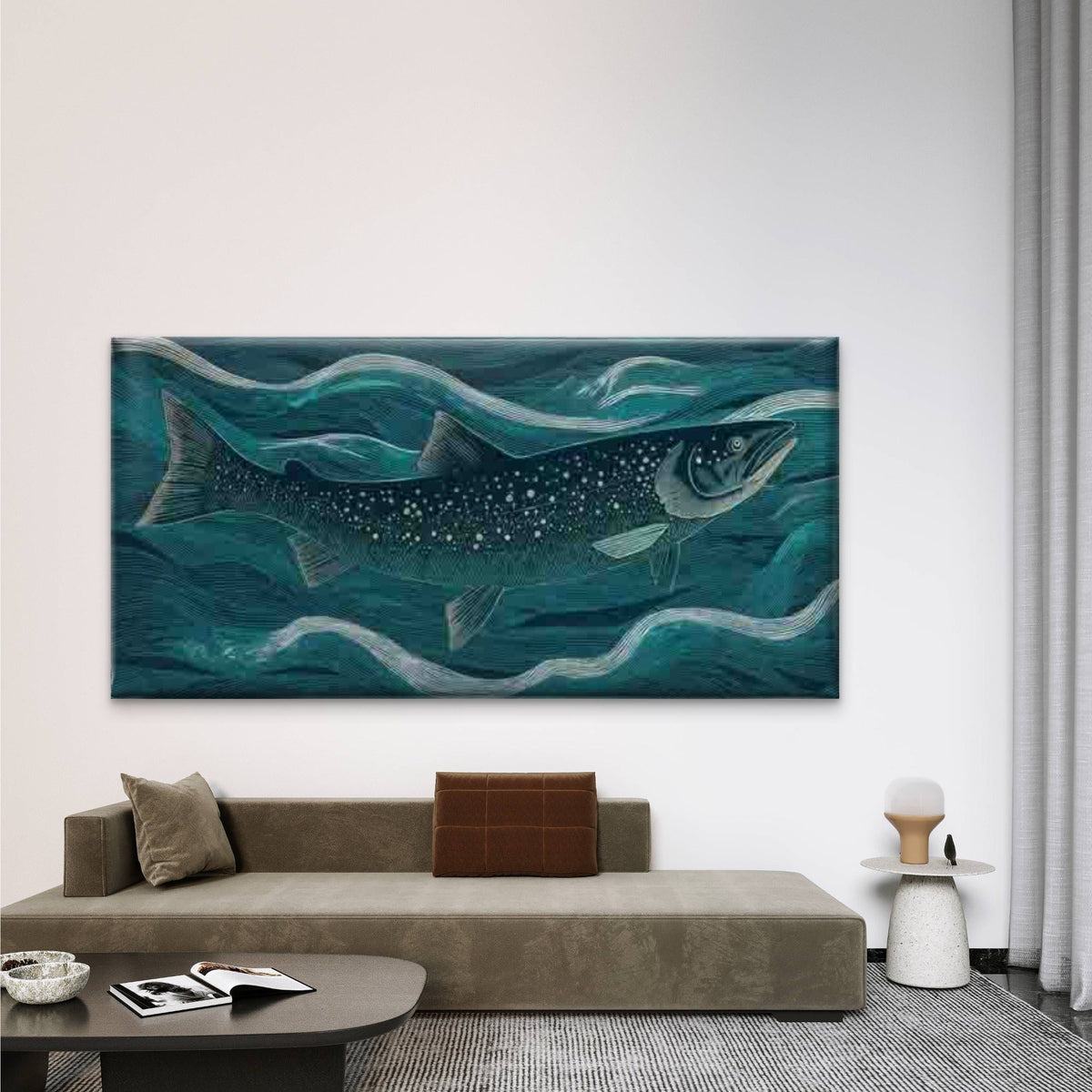 Abstract Fish Ocean Waves Wall Art Canvas Office Home Room Framed 120x60cm