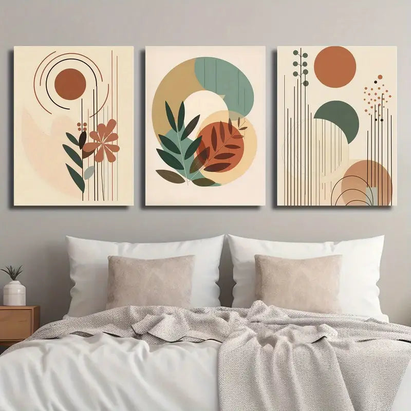 3pcs Bohemian Style Earthy Tones & Floral Motifs Metal Print Ready to Hang Art