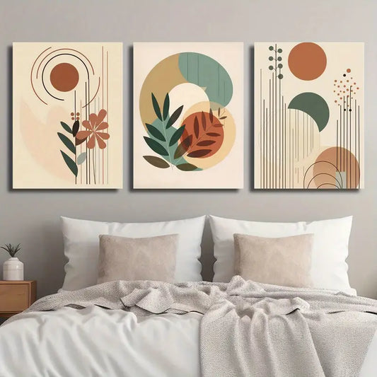 3pcs Bohemian Style Earthy Tones & Floral Motifs Metal Print Ready to Hang Art