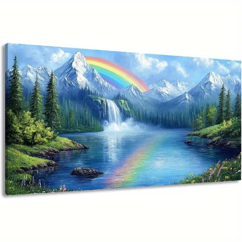 Waterfall Natural Lake Landscape Snowy Mountains Rainbow Pine Trees Wall Art canvas office home room framed 120x60cm