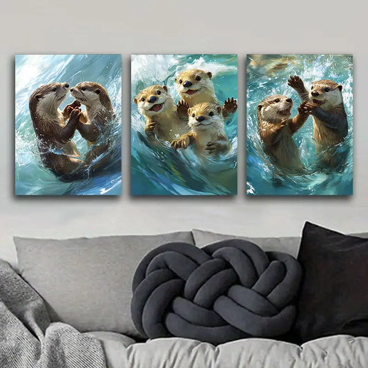 3pcs Playful Otters Metal Print Ready to Hang Art