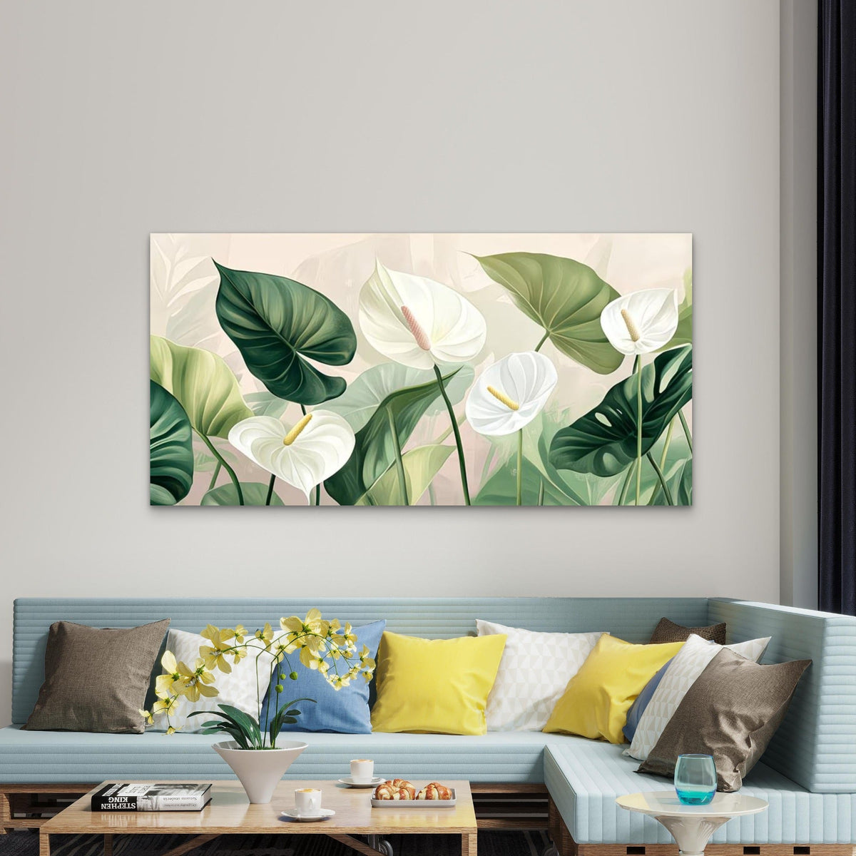White Flowers And Green Leaves Wall Art Canvas Office Home Room Framed 120x60cm