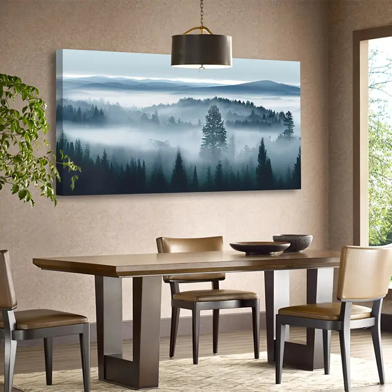 Misty Forest Blue Grey Abstract Mountain Trees Wall Art canvas office home room framed 120x60cm