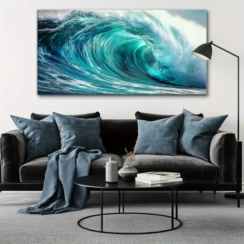 Beach Blue & White Waves wall canvas office home room framed 120x60cm