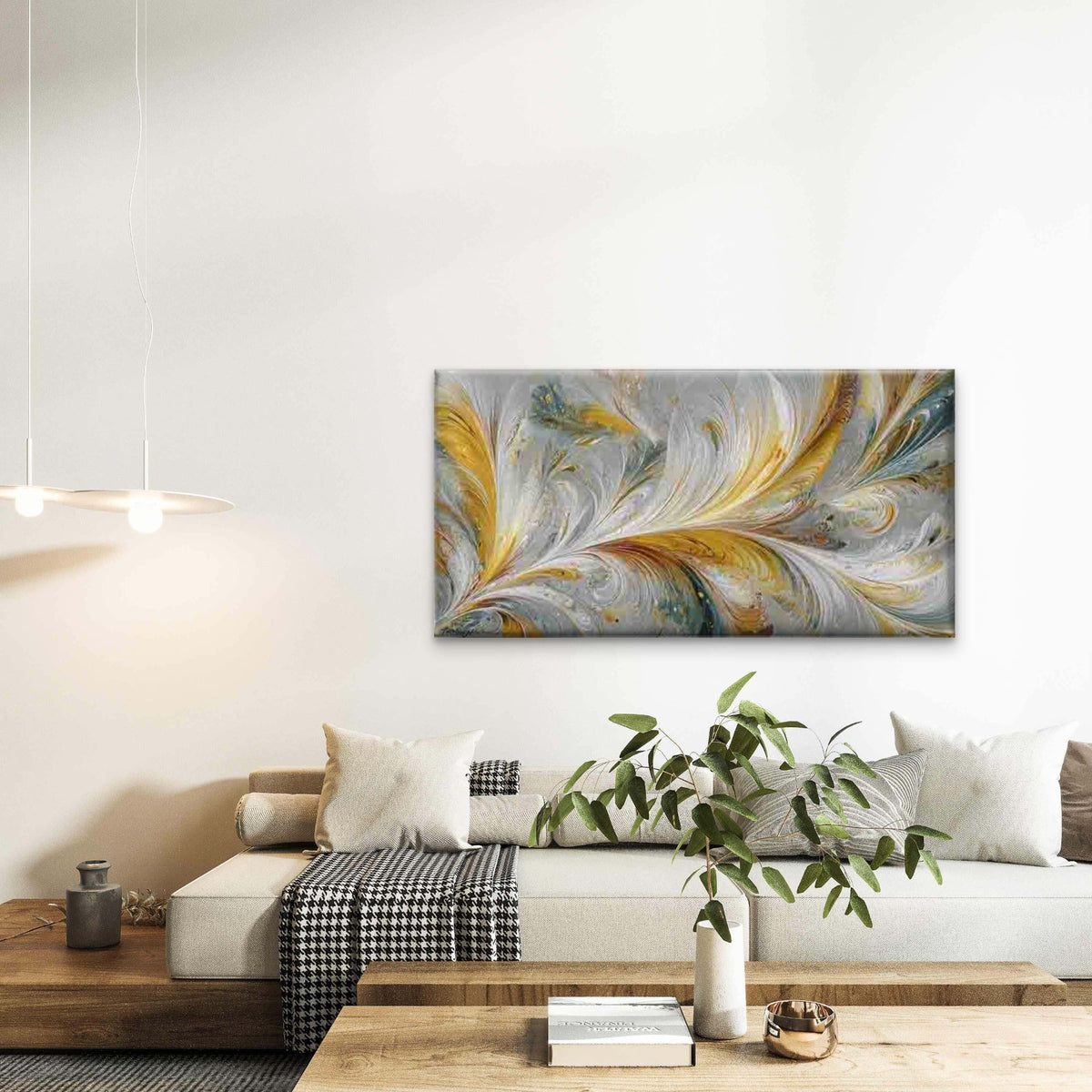 Yellow Blue White Swirls Wall Art Canvas Office Home Room Framed 80x45cm
