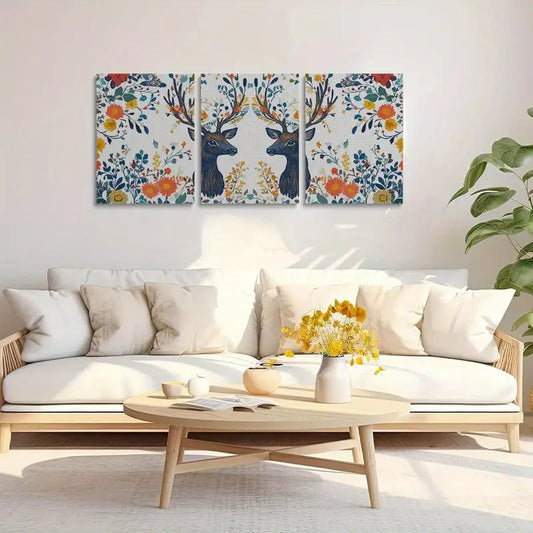3pcs Elegant pattern featuring two majestic deer Metal Print Ready to Hang Art