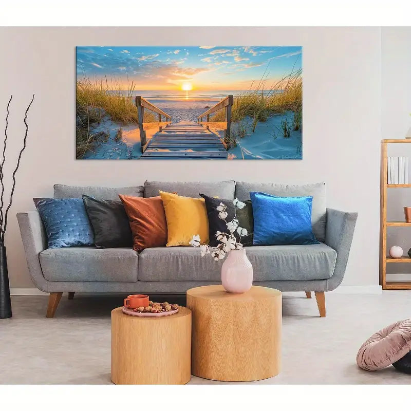 Seaside Sunset Beach Pier Vibrant Coastal Wall Art canvas office home room framed 120x60cm