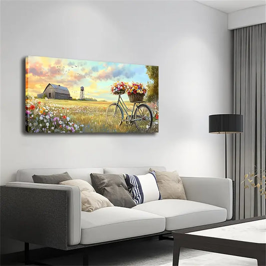 A Bicycle Carrying A Flower Basket Wall Art Canvas Office Home Room Framed 120x60cm