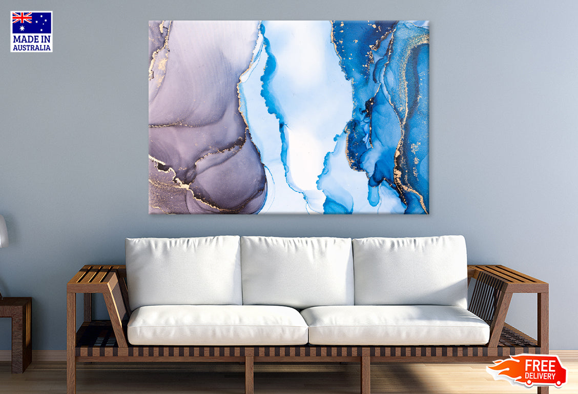 Grey Blue & Gold Ink Abstract Print 100% Australian Made Stretched Canvas Ready to Hang  - AB-134