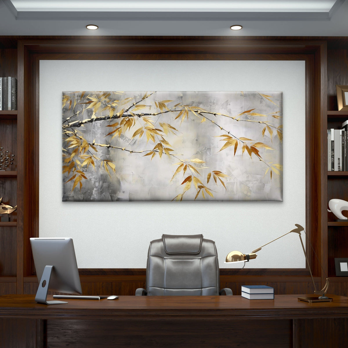 Golden Zen Bamboo Leaf Branch Wall Art Canvas Office Home Room Framed 120x60cm