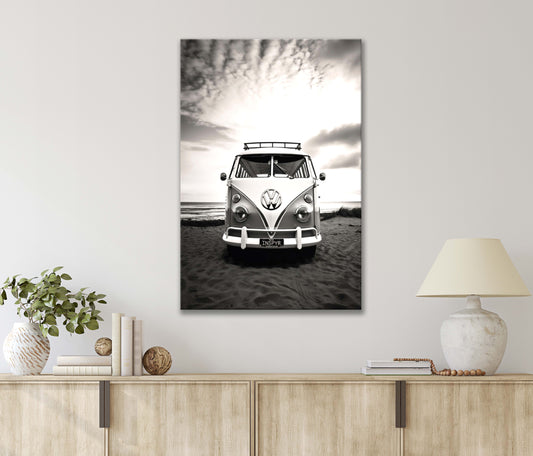 Bus Parked on Sandy Beach Near the Ocean, Black & White Print 100% Australian Made 40x60cm Stretched Canvas Ready to Hang