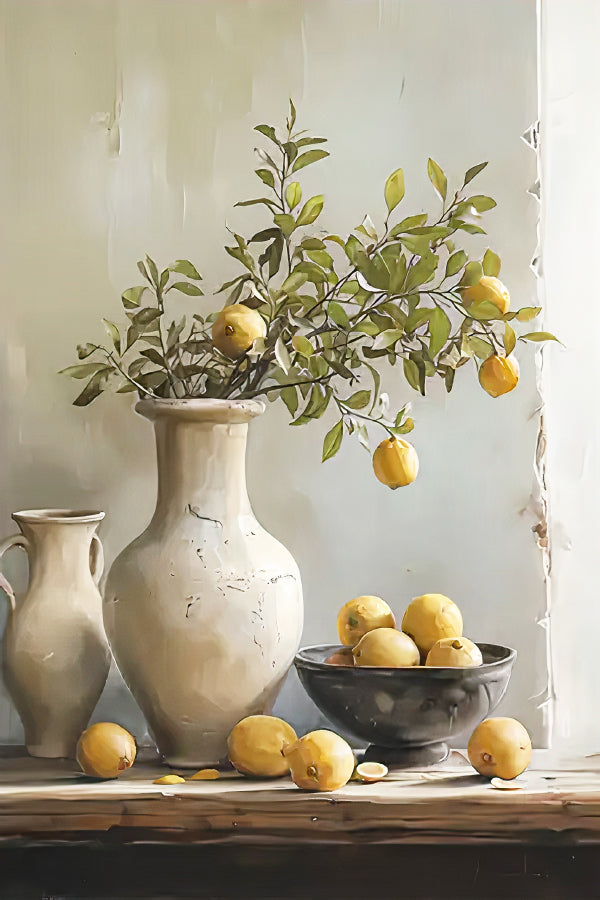 Lemons and a Vase on a Table Painting Print 100% Australian Made 40x60cm Stretched Canvas Ready to Hang