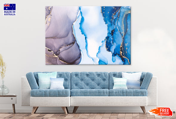 Grey Blue & Gold Ink Abstract Print 100% Australian Made Stretched Canvas Ready to Hang  - AB-134