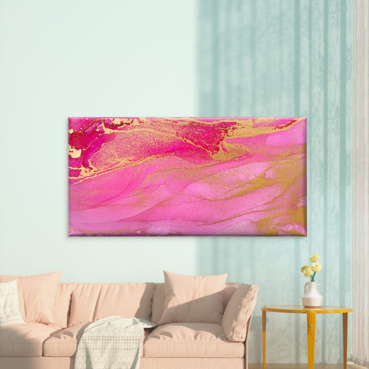 Vibrant Magenta Gilded Fluid Wall Art Canvas Office Home Room Framed 120x60cm