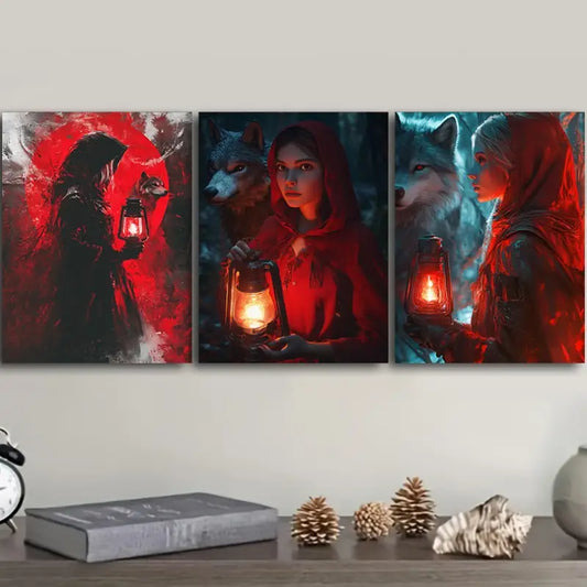 3pcs The Red Girl and the Wolf Metal Print Ready to Hang Art