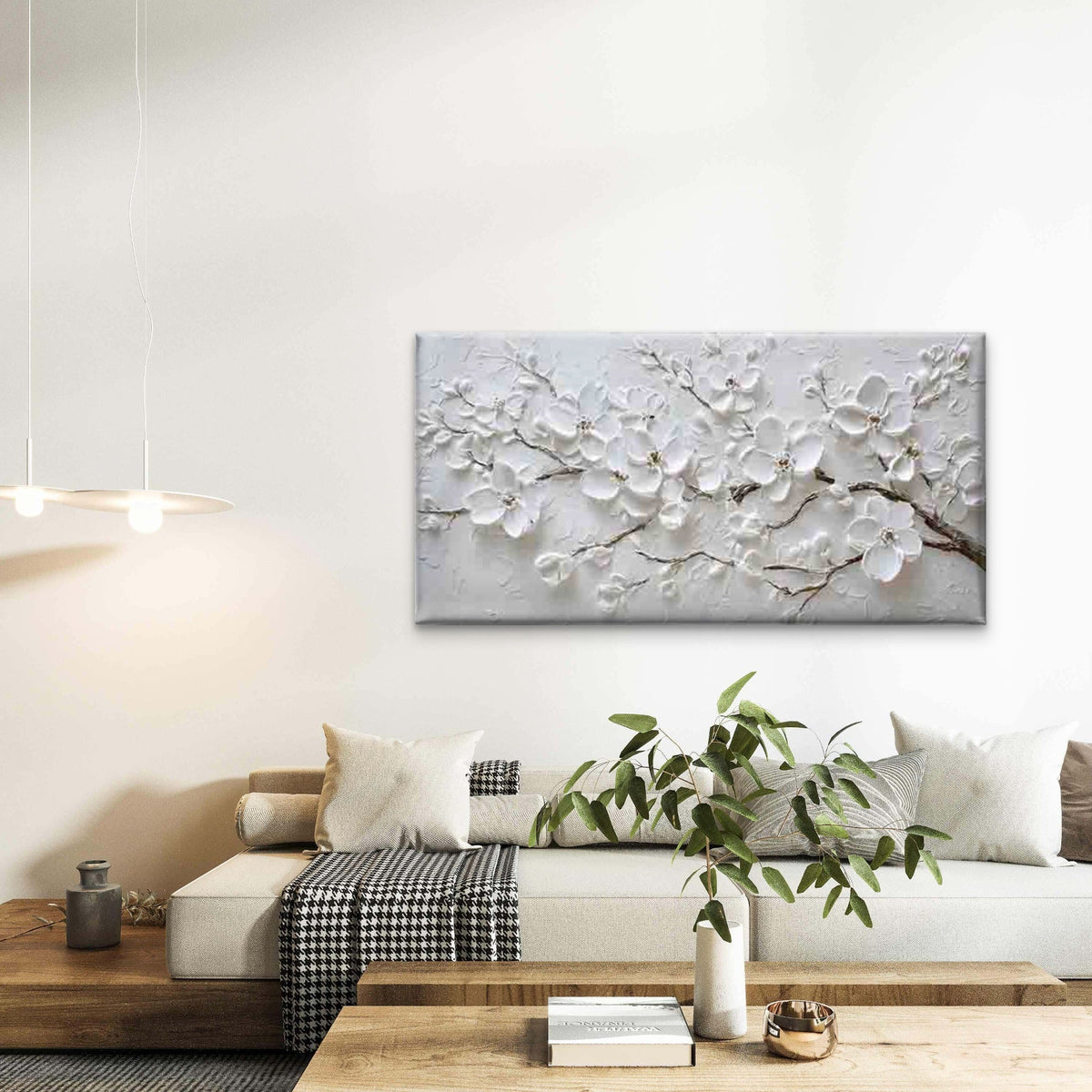 Abstract White Blossoms Wall Art Canvas Office Home Room Framed 120x60cm