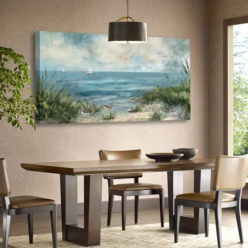 Vintage Seascape Sailboats Seagulls Reeds Wall Art canvas office home room framed 120x60cm