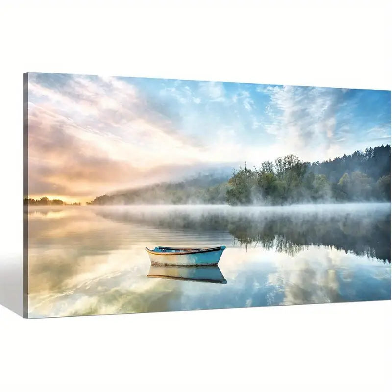 Modern Nature Boat Scene Lake Wall Art canvas office home room framed 120x60cm