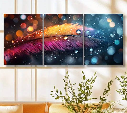 3pcs Vibrant Colorful Drops Feather Flat Design Metal Print Ready to Hang Art