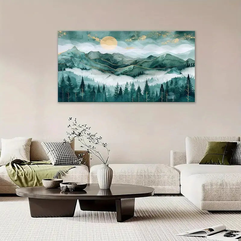 Abstract Forest Pine Trees & Golden Sun Wall Art canvas office home room framed 120x60cm