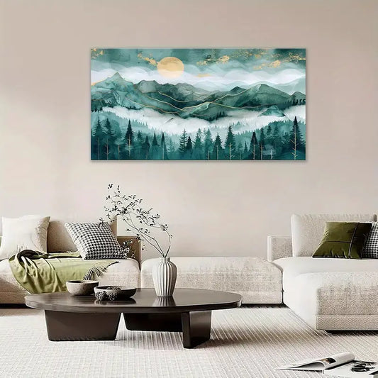 Abstract Forest Pine Trees & Golden Sun Wall Art canvas office home room framed 120x60cm