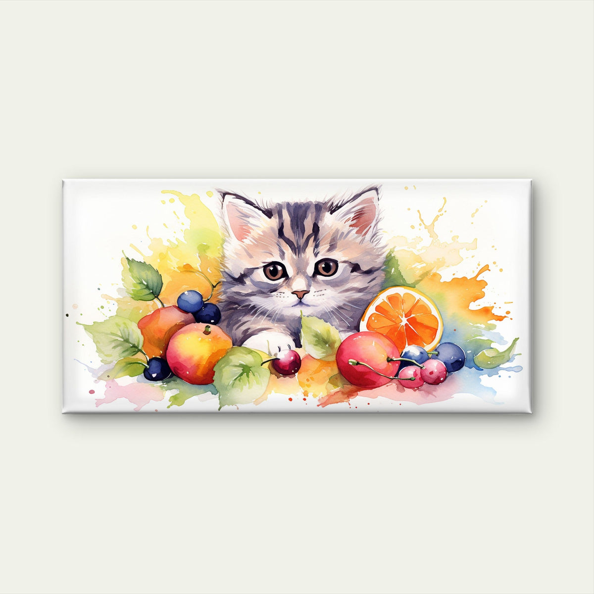 Cute Watercolor Kitten Fruit Wall Art Canvas Office Home Room Framed 120x60cm