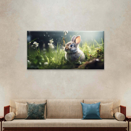 Cute Bunny Wild Rabbit in Meadow Wall Art Canvas Office Home Framed 80x45cm