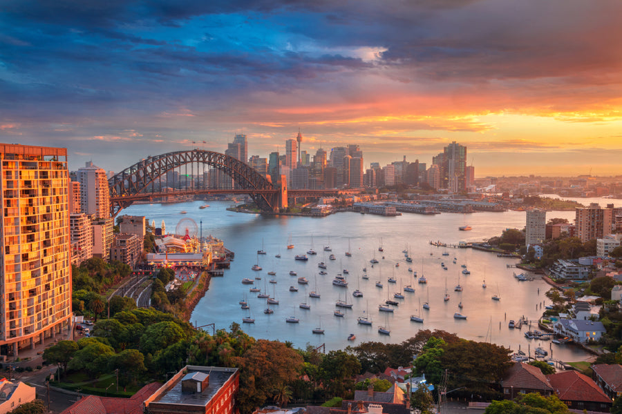 Cityscape View of Sydney Sunset Skyline Print 100% Australian Made Stretched Canvas Ready to Hang - AU-135