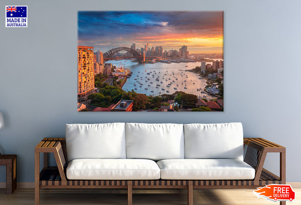 Cityscape View of Sydney Sunset Skyline Print 100% Australian Made Stretched Canvas Ready to Hang - AU-135