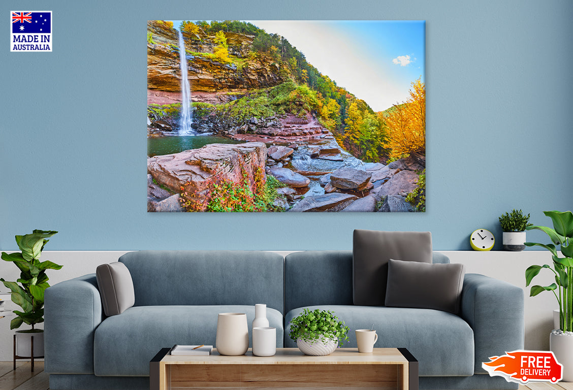 Waterfall over Cliffs & Fall Foliage Print 100% Australian Made Stretched Canvas Ready to Hang - NT-135